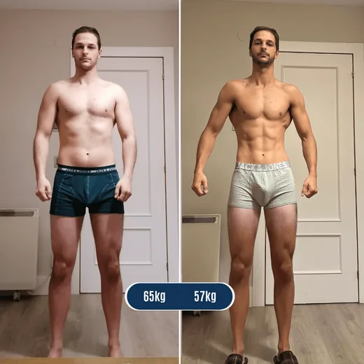 Transformación: 65 kg a 57 kg